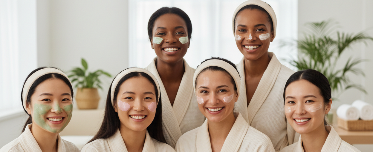 Females with skin care on face smiling